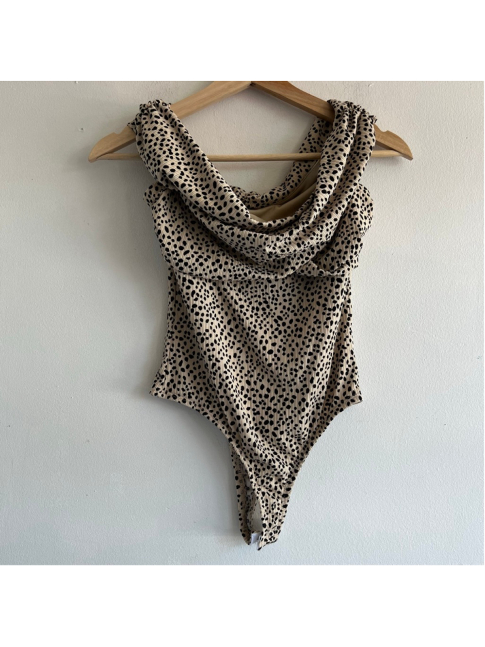 Lulus Beige Black Spotted Cowl Neck Bodysuit S